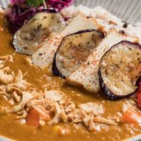 Dashi Vegan Curry · Vegan based Japanese curry, served w/ carrots, potatoes, eggplant, tofu, peppers, slaw, frie...