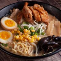 Chicken Ramen · Grilled chicken, boiled egg, bamboo shoots kikurage mushroom, green onions, and sprouts corn.
