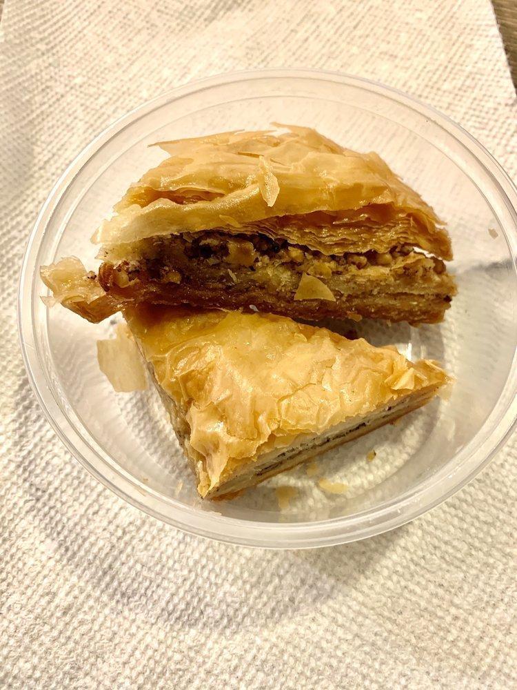 Baklava · Made of layers of filo filled with chopped nuts, sweetened and held together with honey.