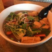 Vegetarian Pho · Richly seasoned 100% vegetable stock ladled over rice noodles, vegetables and mushrooms. Veg...