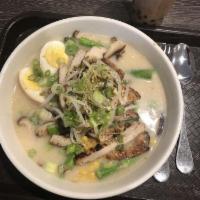 Grilled Chicken Ramen Noodle Soup · Grilled white meat chicken with shiitake mushroom, boiled egg, corn, daily special green veg...