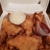 Miso Fish and Chips · Battered white fish and fresh cut seasoned fries.