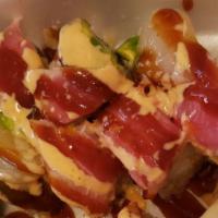 Sexy Angel Roll · Spicy tuna, tempura shrimp, cilantro, jalapeno top with seared tuna, avocado and scallop. Sp...