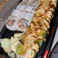 Fujiyama Roll · Cream cheese, shrimp, spicy tuna, rolled in tempura crumbs, covered in avocado, teriyaki and...