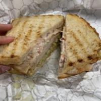 Thanksgiving Sandwich · Thanksgiving put between 2 slices of sourdough bread. Sliced turkey breast, stuffing, and gr...