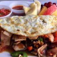 Omelette · A build-your-own omelette. Made fresh and comes with a side of fruits. (Banana, strawberry, ...