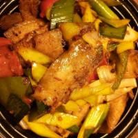 Stir Fried Smoked Pork Belly with Chili & Leeks · 