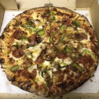 Deluxe Pizza · Pepperoni, sausage, mushrooms, onions, green peppers, bacon and mozzarella cheese.