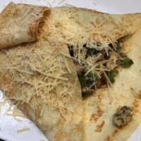 Chicken Alfredo Crepe · Halal chicken with alfredo, tomatoes, spinach, mushrooms and Parmesan.