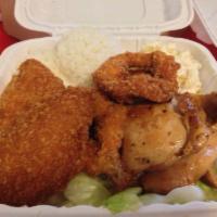 Seafood Mix · Crispy Shrimp, Island White Fish and BBQ Chicken.