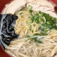 Chicken Ramen · Sliced chicken, green onions, egg, seaweed, & bean sprouts,  topped in our creamy tonkotsu b...
