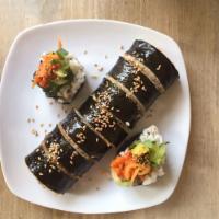 Spicy Tuna Roll · Fully cooked spicy tuna, seasoned cucumber, carrot, and pickled radish.