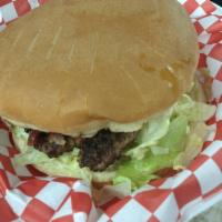 Bacon Cheeseburger · Loaded with bacon, American cheese, mayonnaise, lettuce, tomato, raw or sauteed onions and p...