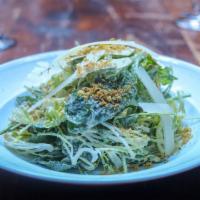 Caesar Salad · Gem lettuce, baby kale, watercress, bonito breadcrumbs and Parmigiano.