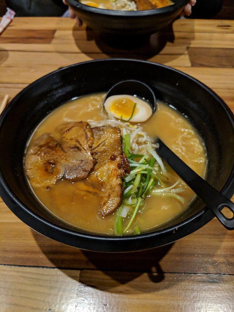 Miso Ramen · Mixed with miso broth, egg ramen noodle, 1/2 soy flavored egg, roasted pork, scallions and bean sprouts.
