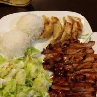 Chicken and Gyoza Combo · Chicken teriyaki and four pieces of Gyoza. Served with rice and salad.