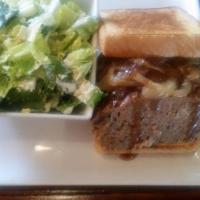 Meatloaf Sandwich · Homemade meatloaf on Texas toast topped with mashed potatoes, gravy and caramelized onions