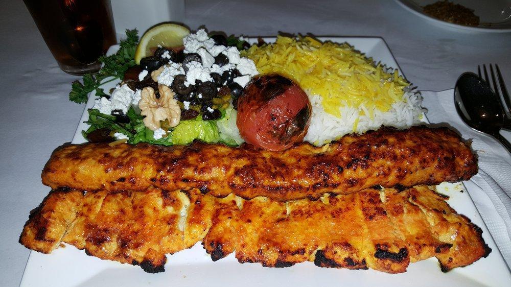 Chicken Koobideh · 2 skewers of ground chicken seasoned with special seasonings and charbroiled. Entrees served with basmati rice, topped with saffron and a charbroiled tomato.