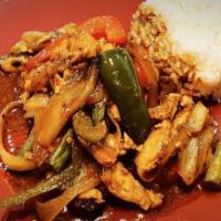 Pad Prik Pao · Chili paste. Homemade smoked dried chili and spices with onions, bell peppers, green beans, ...