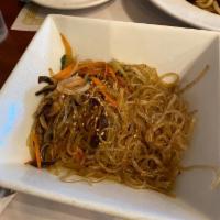 Japchae · Mixed dish of vegetables and clear noodles.