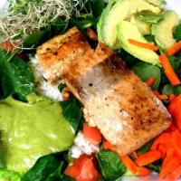 California Rice Bowl · Grilled salmon, rice, lettuce, tomato, carrots, avocado, alfalfa sprouts, baby spinach and C...