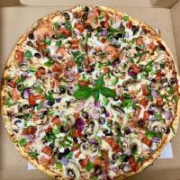 Veggie Deluxe Pizza · Tomato, green pepper, black olive, mushroom, and onion