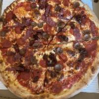 Meat Lovers Pizza · Tomato sauce topped with pepperoni, soppressata salami, bacon and sausage, and mozzarella.