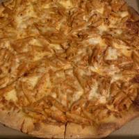 Penne Vodka Pizza · Penne made in a pink cream vodka sauce topped with mozzarella on our famous pizza.
