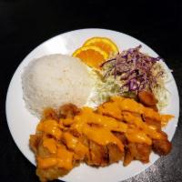 Spicy Mayo Chicken Entree · Fried chicken thigh with special spicy mayo sauce. Served with steam rice, salad, and miso s...