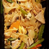 Drunken Noodles · Stir-fried wide rice noodles with Thai hot basil sauce, egg, sweet basils and assorted veget...