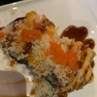 Volcano · Three kind of fish,top snow crab (baked),crunch n tobiko with  spicy mayo,eel sauce (6 piece)
