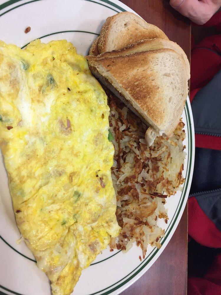 Western Omelettes · Green peppers, ham and onions. Made with 3 x-large eggs, served with hash browns toast and jelly.