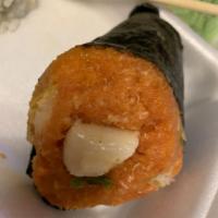 Happy Hand Roll · Shrimp tempura, spicy tuna, scallop, masago crunch, sesame oil, house sauce, eel sauce.