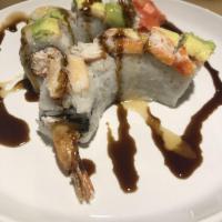 Raleigh Roll · 2 shrimp tempura, crab meat, snow crab  and avocado on top.