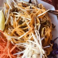 Pad Thai Noodles · Small rice noodles, egg, bean sprout, carrot, peanut and peanut sauce. Option to add beef, c...