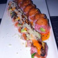 Fire Dragon Roll · Spicy crunchy tuna and jalapeno inside, fresh water eel, avocado and crunchy on top, with sp...