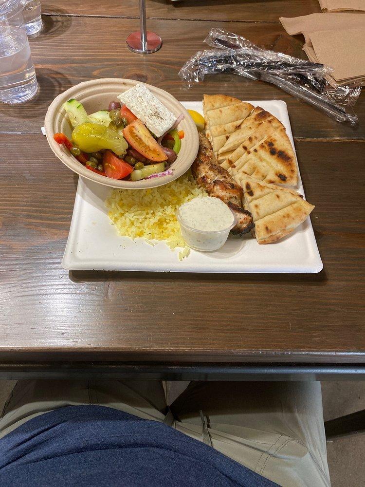 Souvlaki Plate · Choice of skewer with side Greek or village salad, french fries, grilled pita and house made tzatziki.
