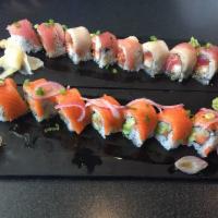 Akebono Roll · Spicy tuna, shrimp tempura, topped with yellowtail, tuna, scallions and ponzu.