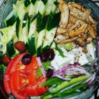 Greek Salad · Crispy and fresh Greek salad is a combination of ripe tomatoes, romaine, lettuce, green pepp...