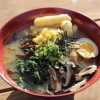 Miso Yasai Ramen · Sweet corn, sprouts, baby spinach, soft-boiled egg, shiitake mushroom, tofu.