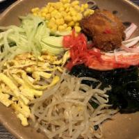 Hiyashi · Imitation crab, wakame (seaweed), egg, cucumber, corn, chicken katsu and bean sprouts with s...