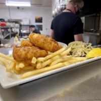 Fish and Chips · 805 beer battered cod, fries and coleslaw.
