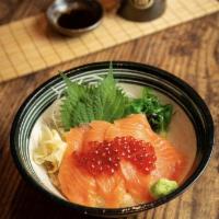 Salmon Ikura Bowl · Salmon sashimi and salmon egg over sushi rice.
