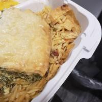 Spanakopita · Spinach pie. Pie made from spinach, cheese, and phyllo dough.