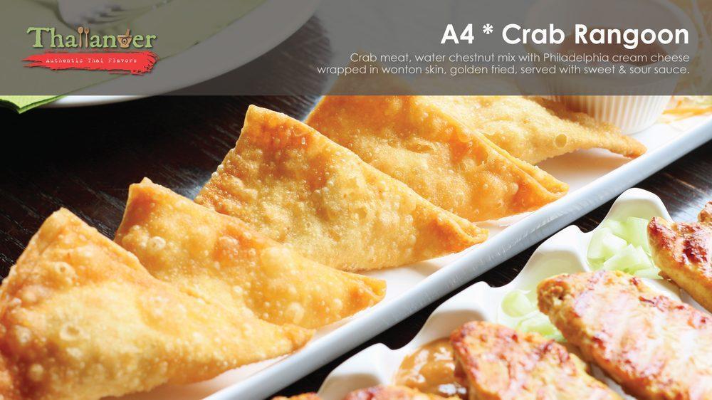 Crab Rangoon · Crabmeat mix with Philadelphia cream cheese wrapped in wonton skin, golden fried and served with sweet and sour sauce.
