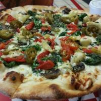 Veggie Pizza · Olive oil, garlic, tomatoes, spinach, mushrooms, onions, red peppers, artichokes, mozzarella...
