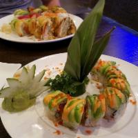 Godzilla Roll · Spicy tuna inside. Fried white fish and avocado on top.