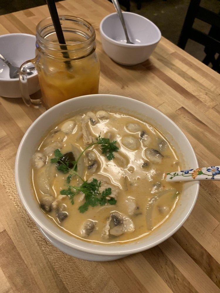 Tom Kha Gai Soup · Coconut milk soup with chicken, mushrooms, green onions, onions, galangal, lemongrass and kaffir lime leaves. Does not come with rice. Tom Kha Soup contains fish sauce.