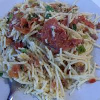 Pasta Pepperoni · Spaghetti, pepperoni and ground sausage - tossed with chives, basil, garlic, diced tomatoes ...