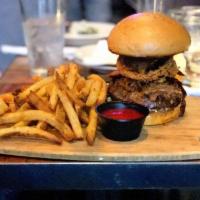 Decadent Burger · Angus ground beef, boursin cheese, frizzled onions, wild mushrooms, braised beef, and  demi-...